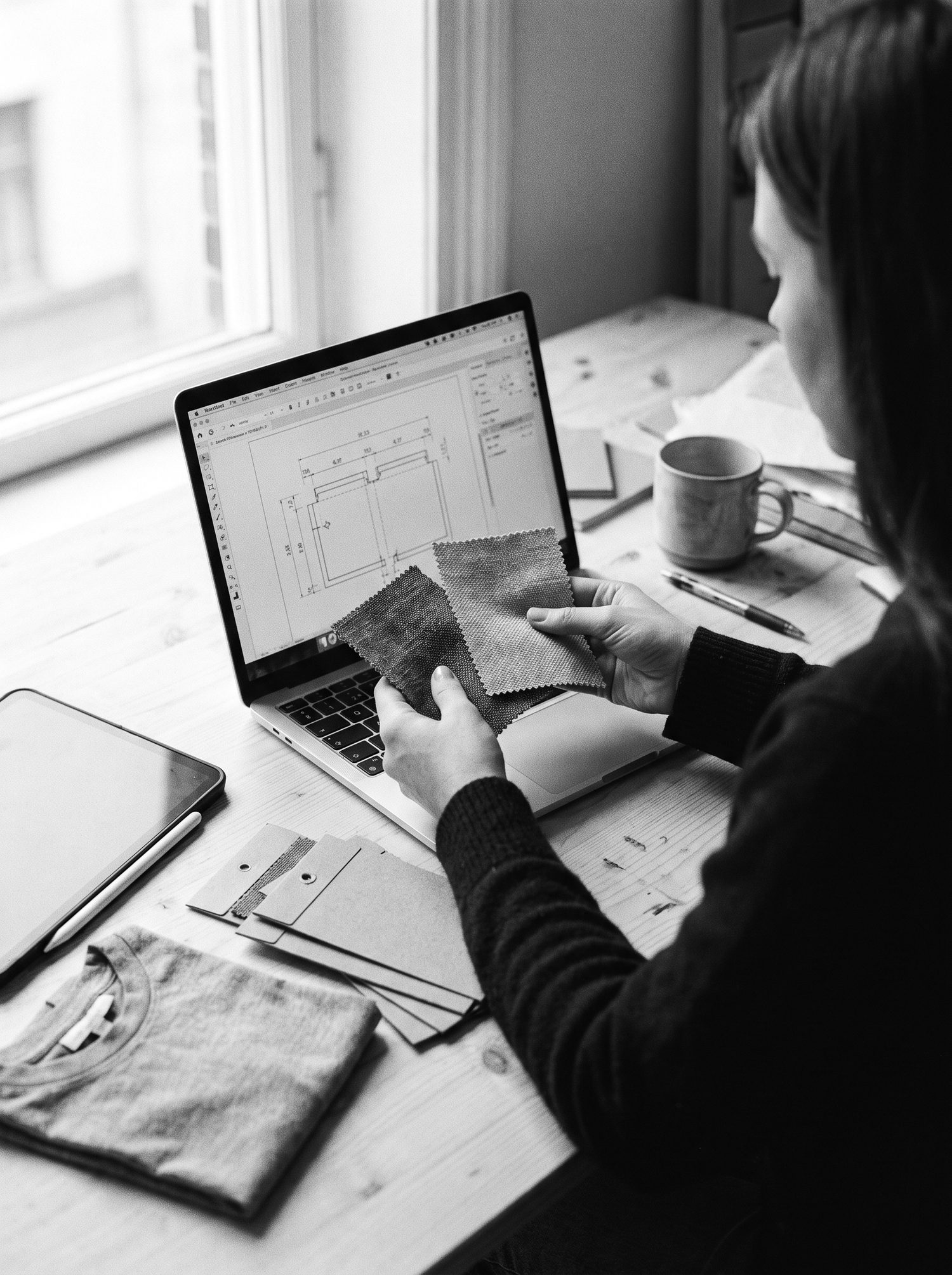 Stoffmuster werden gegen das Tech Pack am Bildschirm gehalten