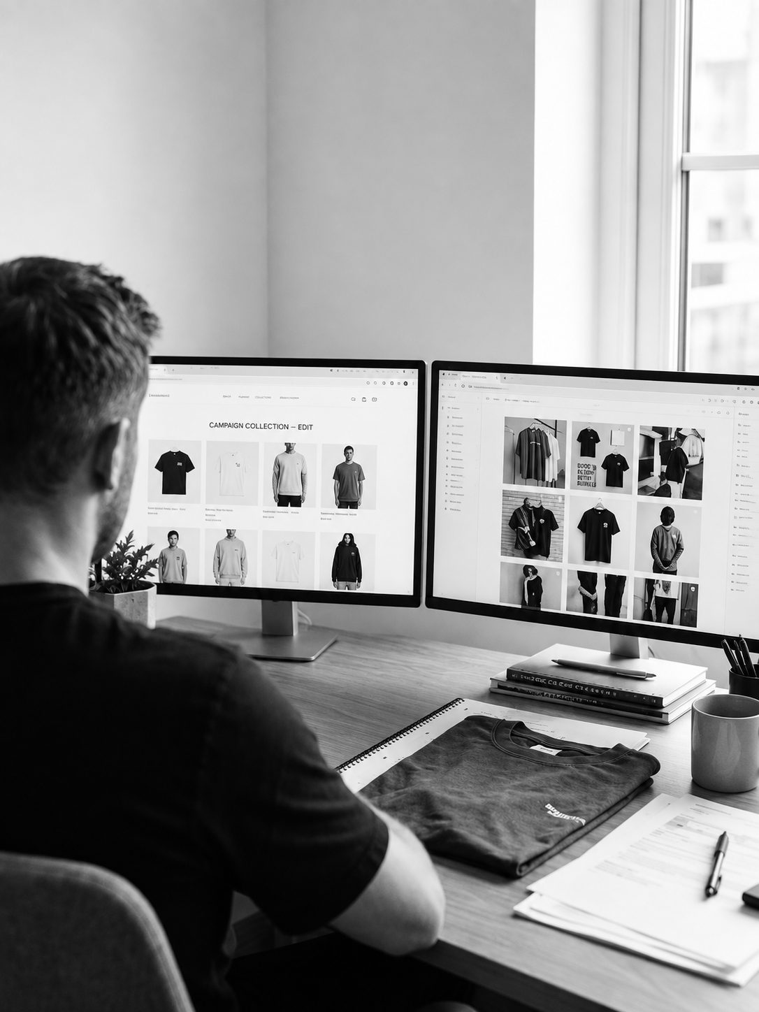 Arbeit am Online-Shop und am Social-Media-Feed auf zwei Bildschirmen